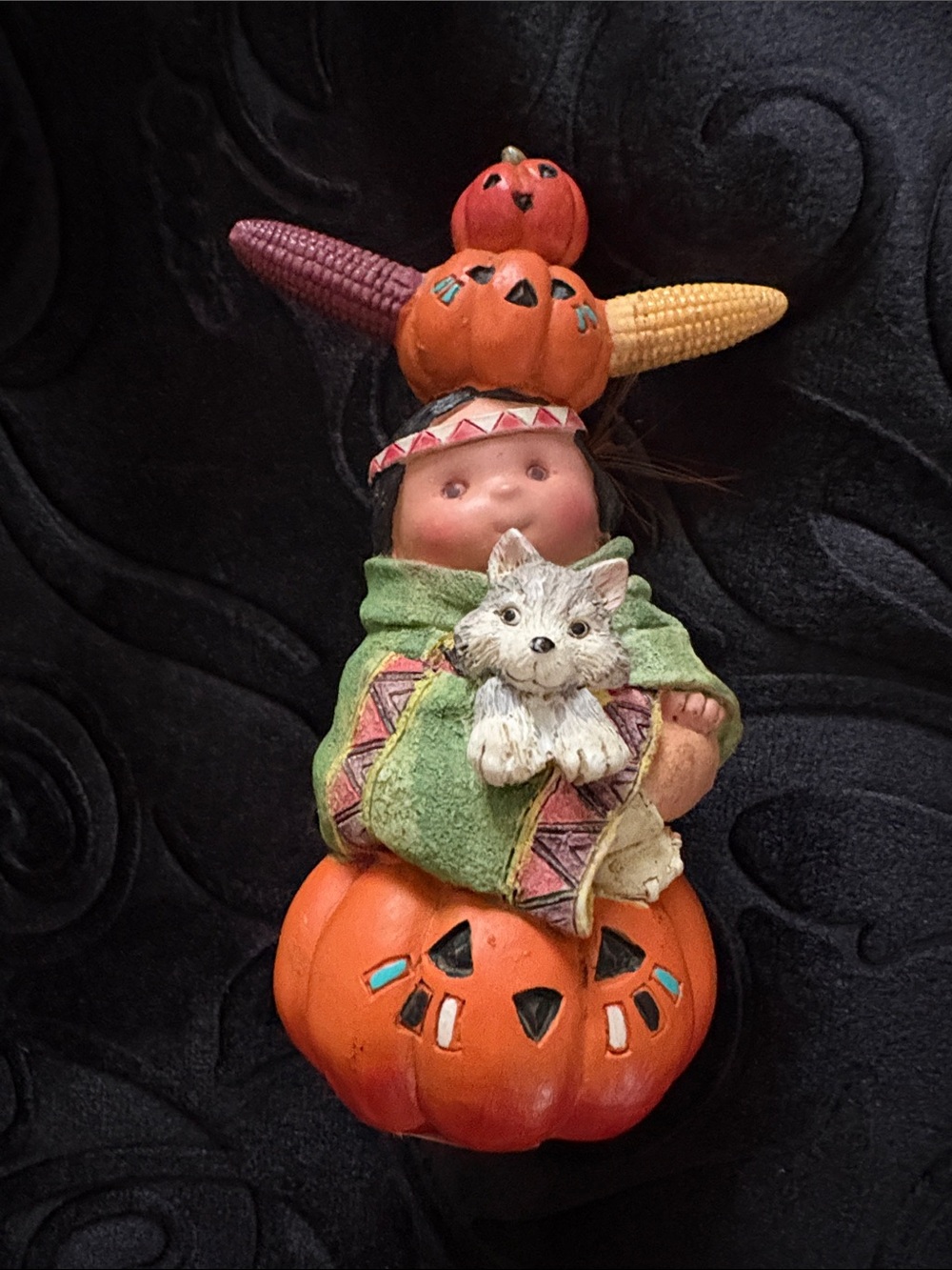 EUC Friends of the Feather Pumpkin Child Figurine with Wolf by Enesco - 1995